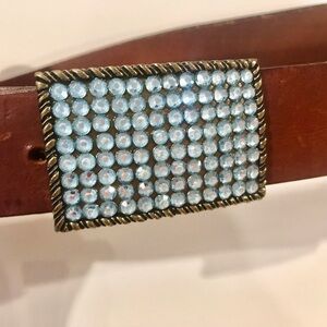 Brown leather Belt with sky blue Crystal Buckle